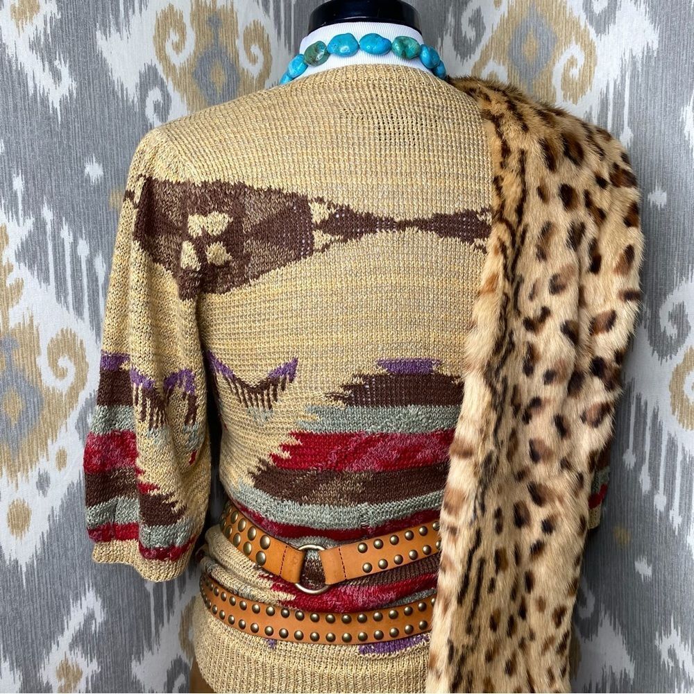 Ralph Lauren Tan Multi Southwest Aztec Hand-Knit Linen Silk V-Neck S/S Sweater